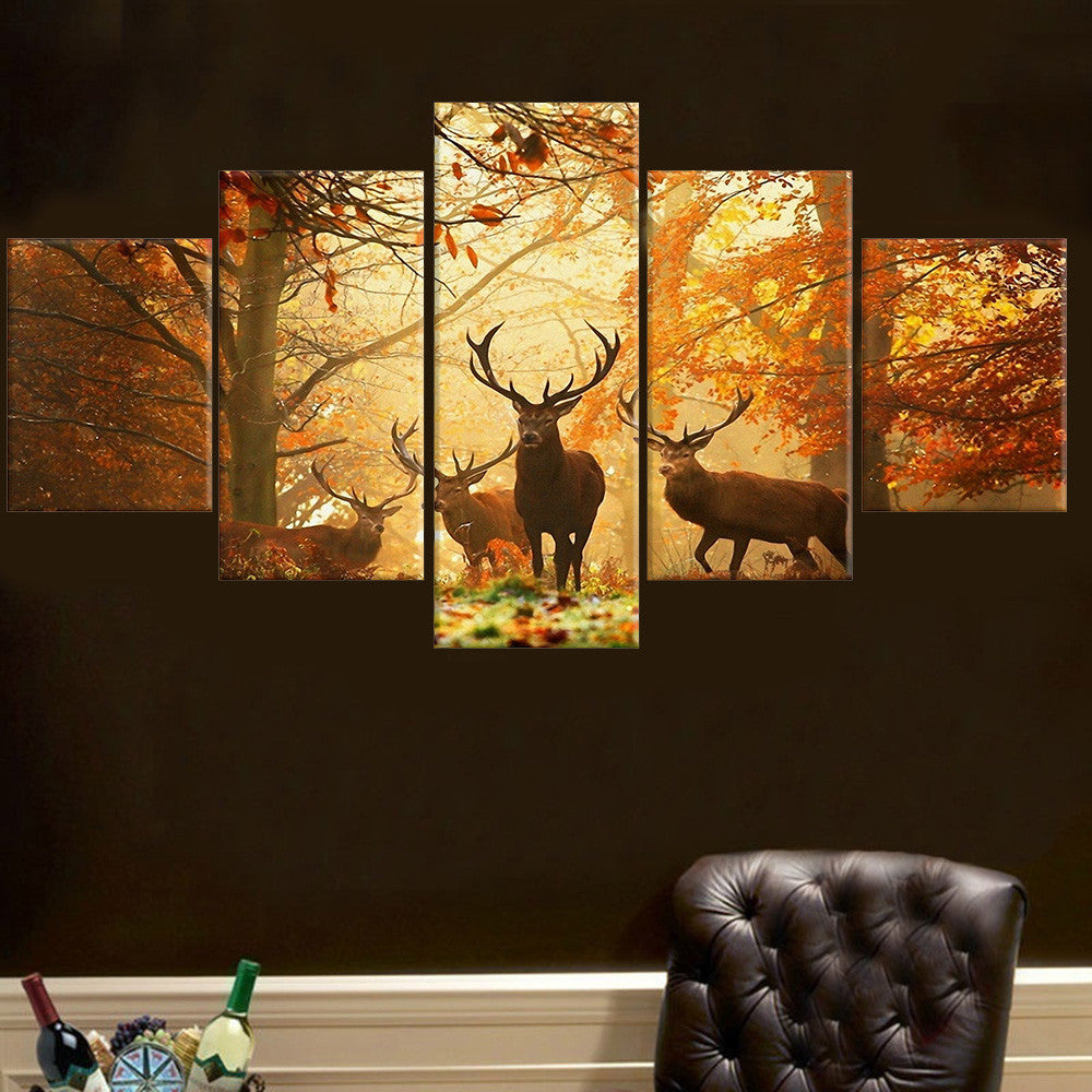 No Frame 5 PCS Deer Wall Painting Modern Tree Canvas Painting Art Animal Wall Picture For Living Room Bedroom Home Decor