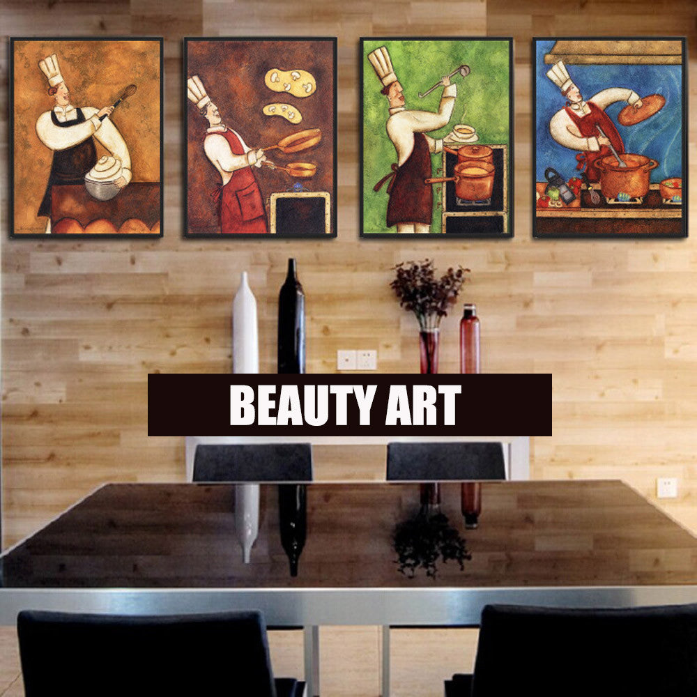 4 Pieces Modern Abstract Canvas Painting Funny Chef  Wall Art For Kitchen Room Dinner Room Canvas Prints Unframed