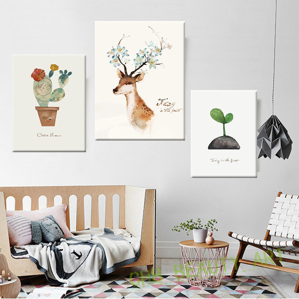 Triptych Animal Beautiful Deer Art Prints Poster  Wall Pictures For Living Room Canvas Painting For Kids Room Unframed
