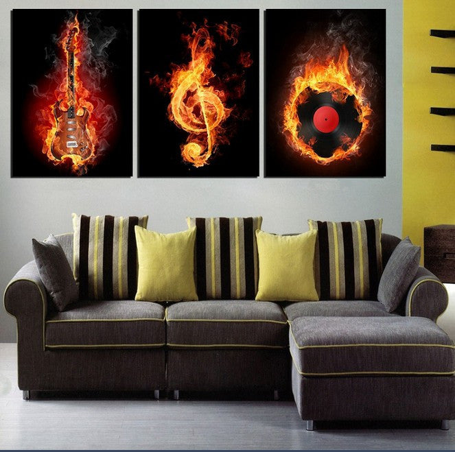 3 Panel Music Art Wall Painting Modern Black Burning Guitar Pop Art Pictures Decoration On Canvas Painting Printed Unframed