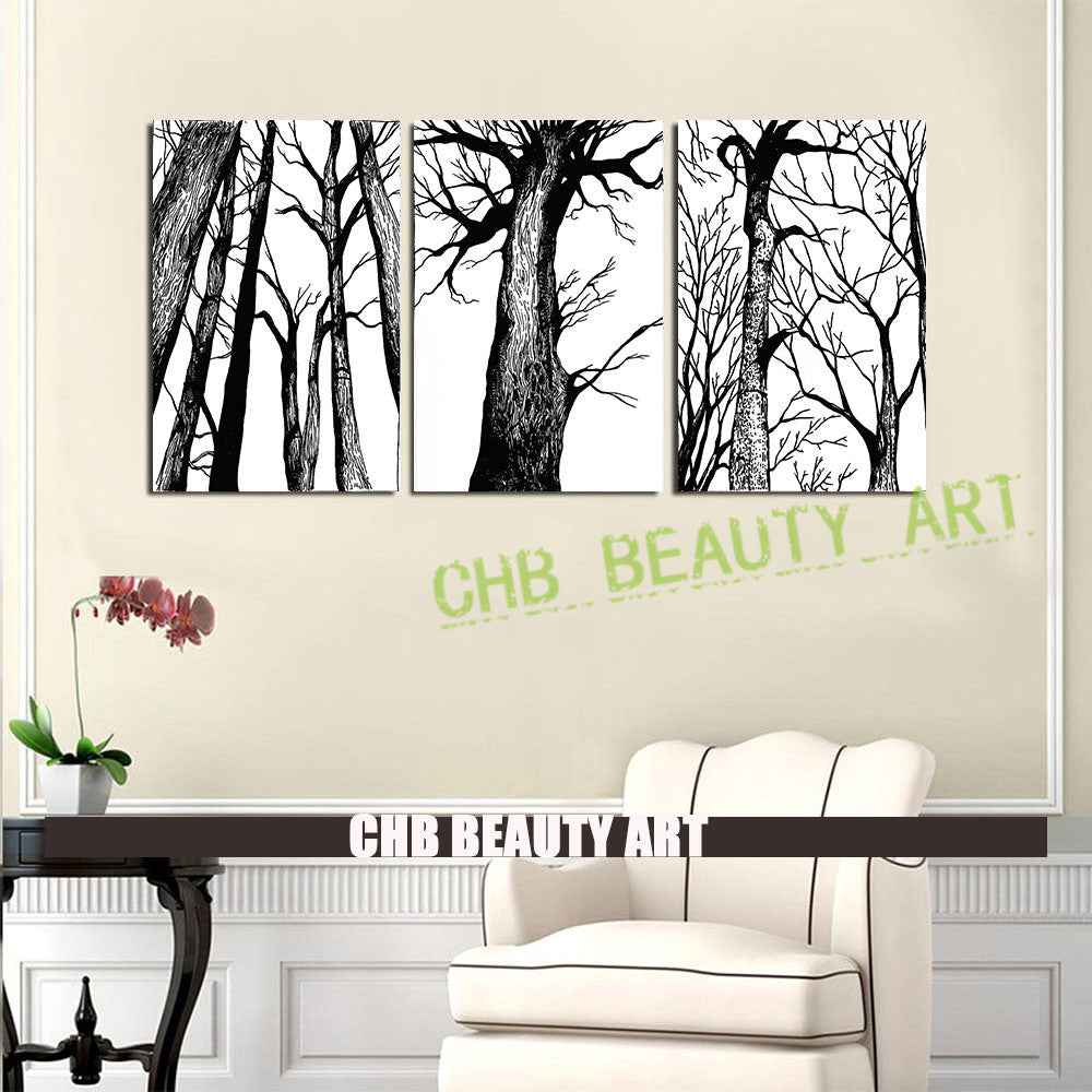 3 Panels Modern Canvas Prints Black White Trees Trunk Canvas Painting Wall Art Wall Picture for Living Room Unframed
