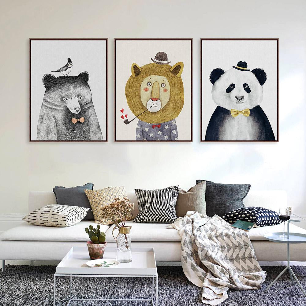 3 Pieces Triptych Watercolor Nordic Animal Lion Bear Panda Art Prints Poster Wall Picture Canvas Painting Kids Room Unframed