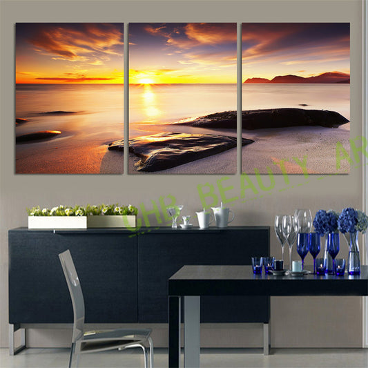 3 Piece Wall Art  Sunset Sea Canvas Painting  Wall Pictures For Living Room HD Seascape Stone Decoration Pictures Unframed