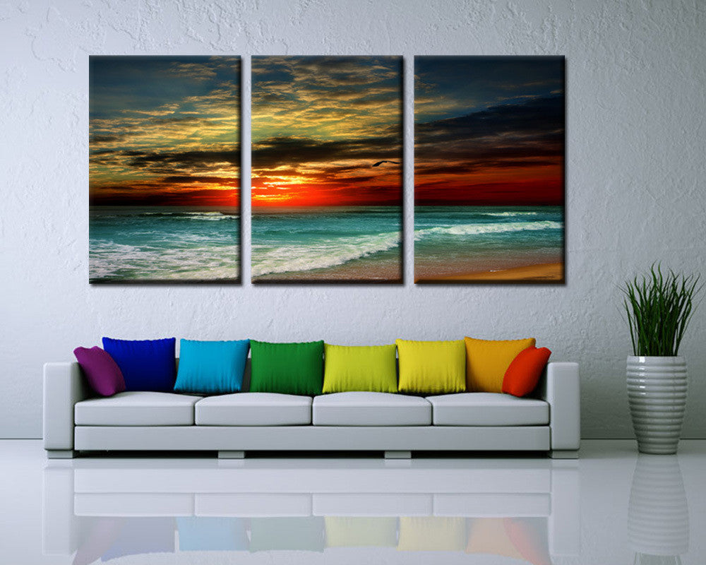 3 Panel Sunset beach Canvas Print Painting decorative painting  painting for living room decorative pictures