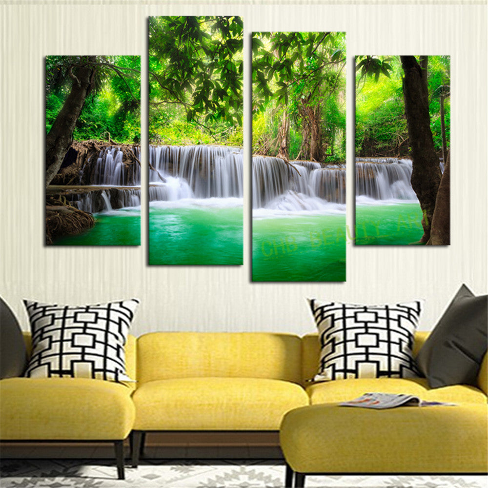 4 Piece Green Waterfall Modern Wall Art HD Large Picture Canvas Print Painting For Living Room Decor