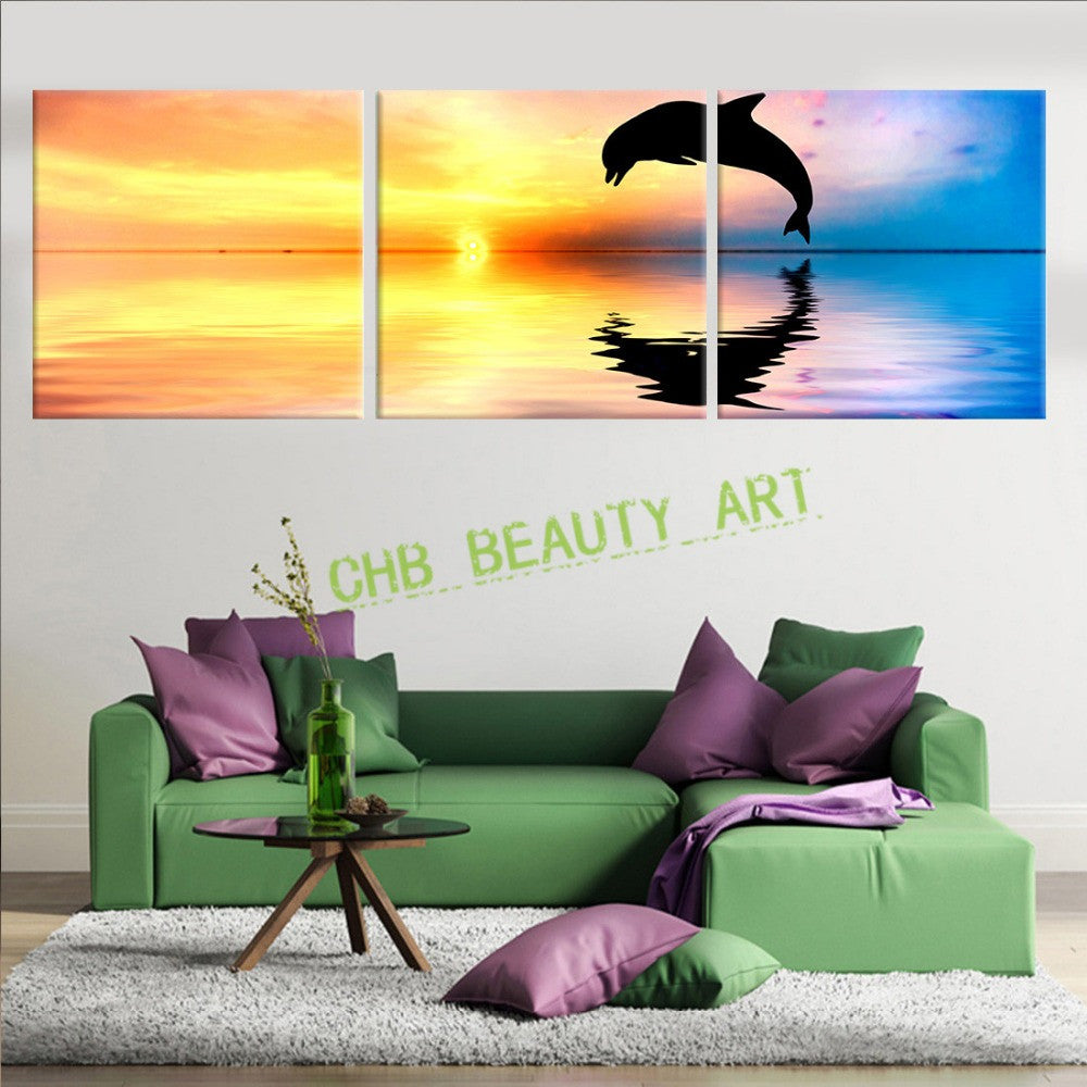 3 Panels Dolphins and sea Canvas Painting Modern Wall Picture For Living Room Decorative Picture Art Print On Canvas Unframed