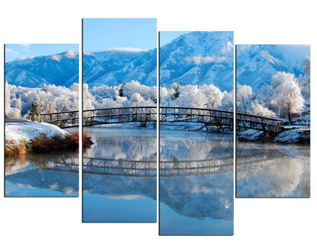 2016 Hot Sell 4 panel Ice Mountain Lake Bridge Large HD Picture Modern Painting Home Decor Canvas Print on canvas