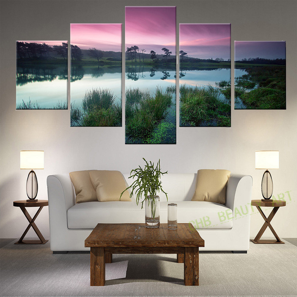 5 Panel Wall Art Modern Printing Lake Sunset Landscape Oil Painting Canvas Wall Pictures For Living Room Home Decor Unframed