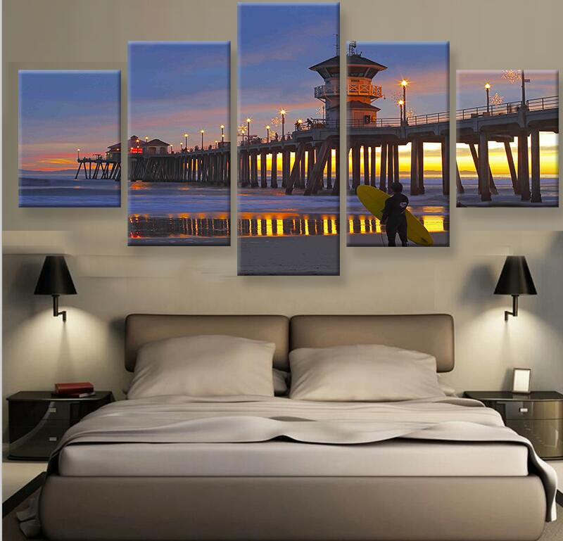 5 Panels Canvas Painting Wall Art Seaside Bridge Wall Pictures For Living Room Decorative Pictures Printed  Unframed