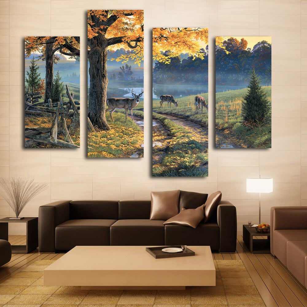 4 Pcs canvas art Beautiful landscape prints deer around the river Wall Pictures for Living home canvas painting unframed