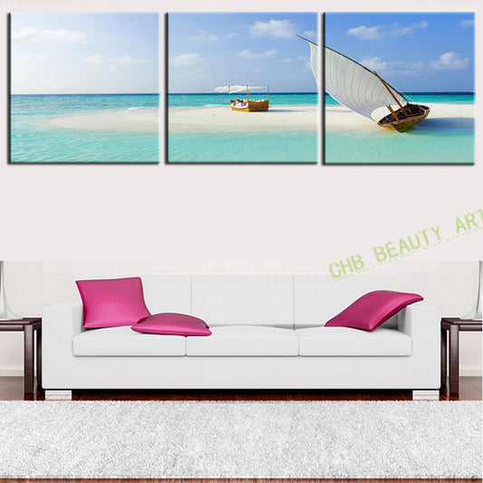 3 Panel Modern Art Canvas Paintings Sea Scenery Beach Sailing Decorative Picture Artwork Home Decor HD Print Unframed