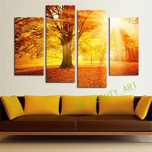 4 Panel Modern Abstract Sunshine Golden Forest Wall Art Picrue Print Painting Home Decor For Bedroom&Living Room Unframed