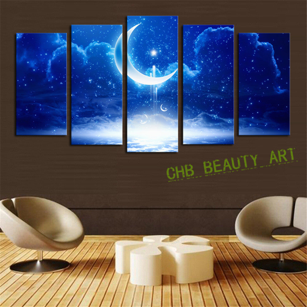 5 panel Modern Abstract Blue Moon cloud  Wall Art Picrue Print Painting Home Decor For Bedroom&Living Room