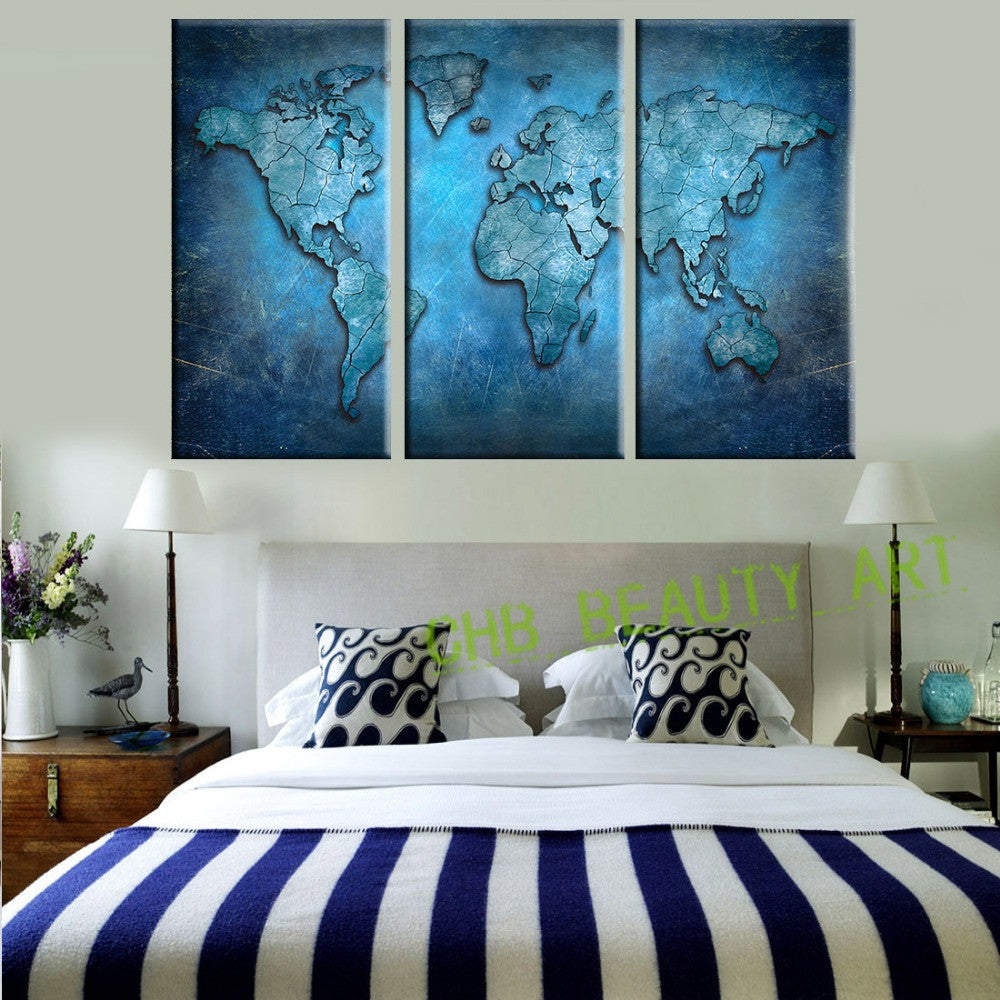 3 Panels Blue World Map Wall Art Canvas Prints Canvas Painting Decoative Picture Wall Art Wall Pictures For Living Room Unframed