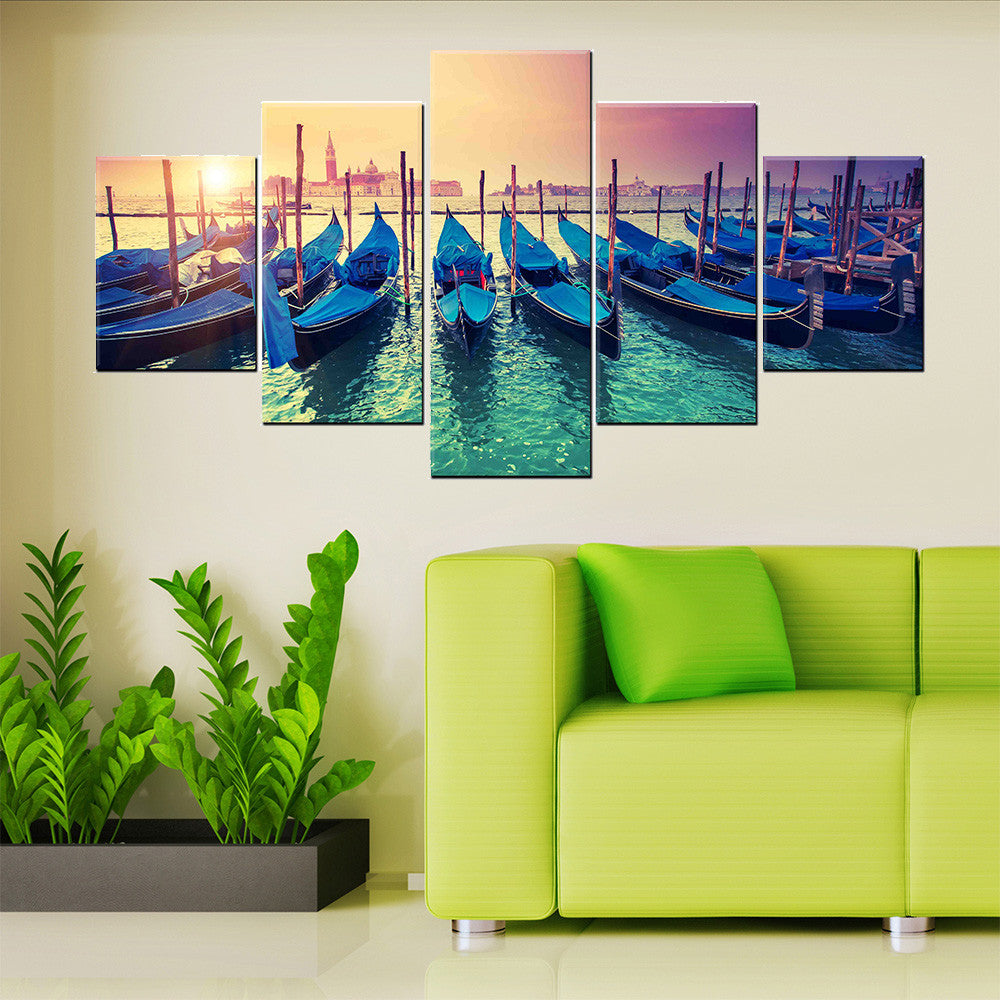 5 Panel Modern Art Canvas Painting Sunset Venice Gondolas Wall Pictures For Living Room&bedroom HD Print Home Decor
