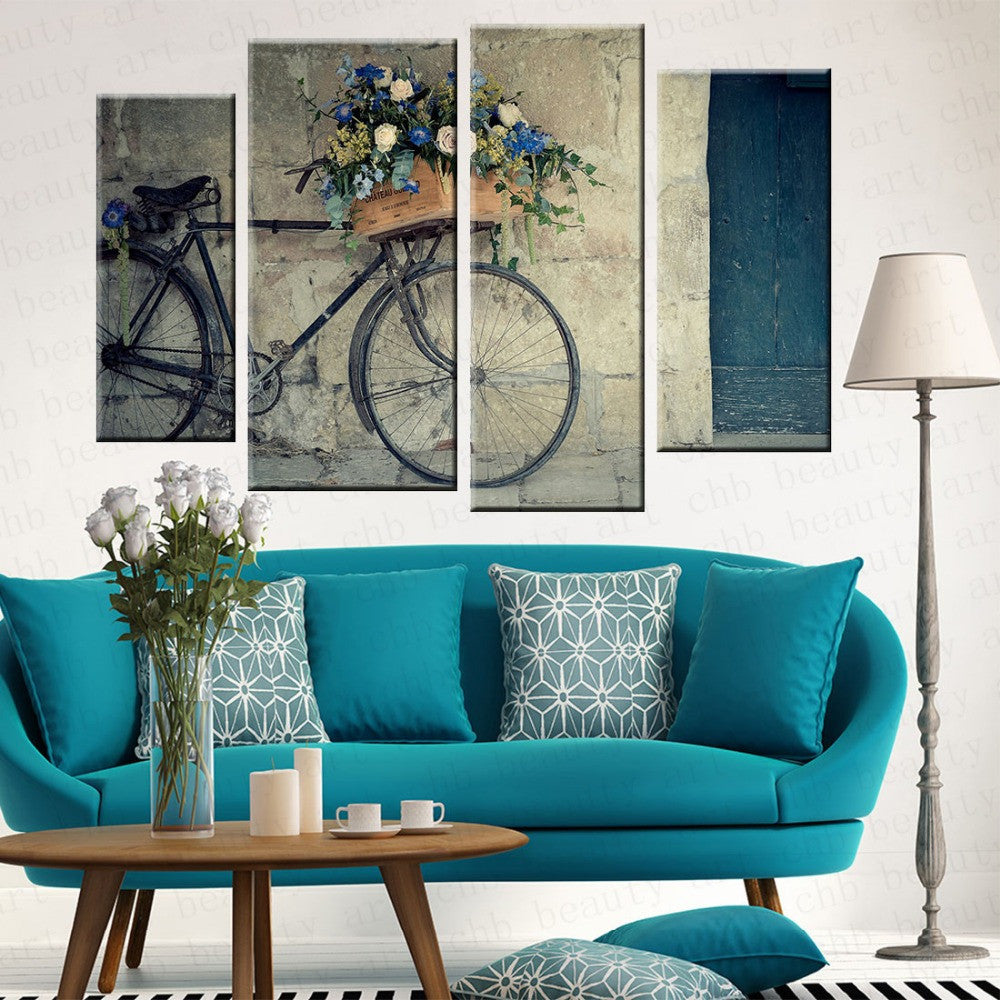 4 Panel Vintage Bicycle Printed Painting Canvas Picture Wall Pictures For Living Room Wall Art Decorative Picture UnFramed