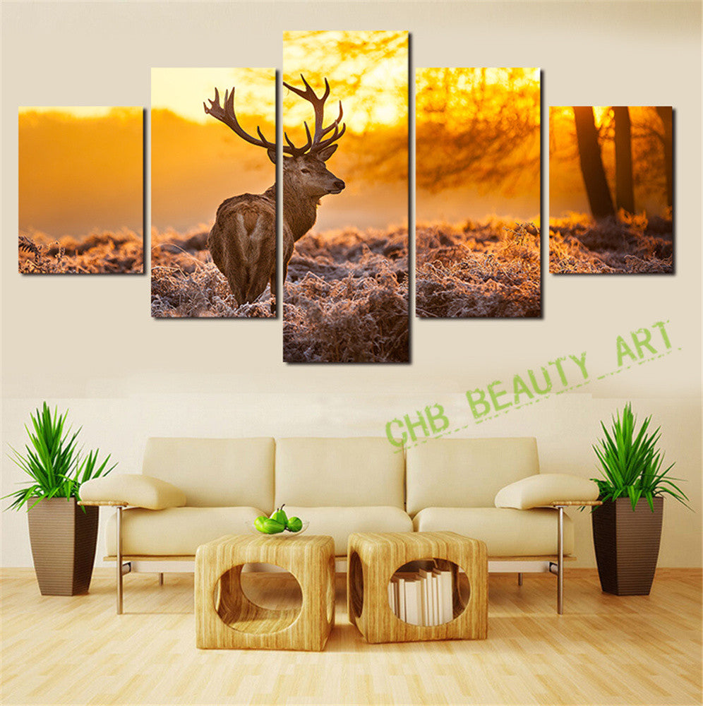5 Panels Modern Art Canvas Painting Sunset Elk Animal Abstract Landscape Painting Prints Wall Pictures For Living Room Unframed