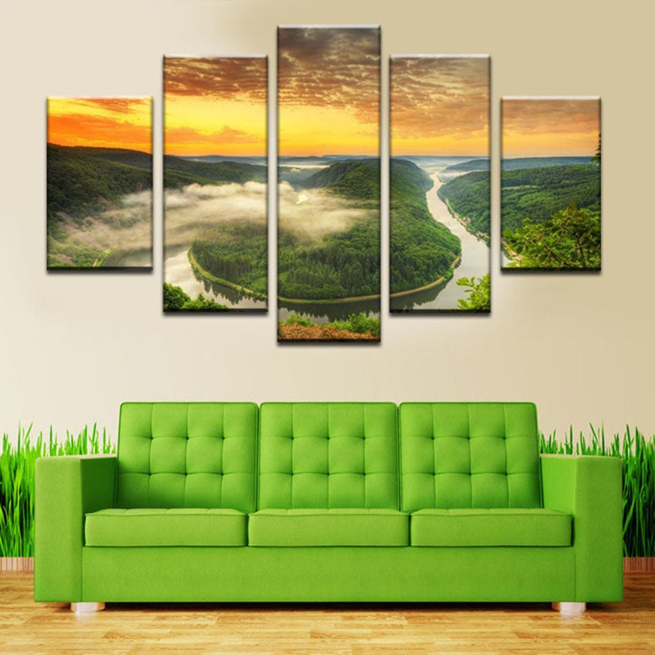 Unframed 5 Pieces River Around The Green Mountain Modern Wall Art Picture Print Painting On Canvas For Living Room Wall Decor