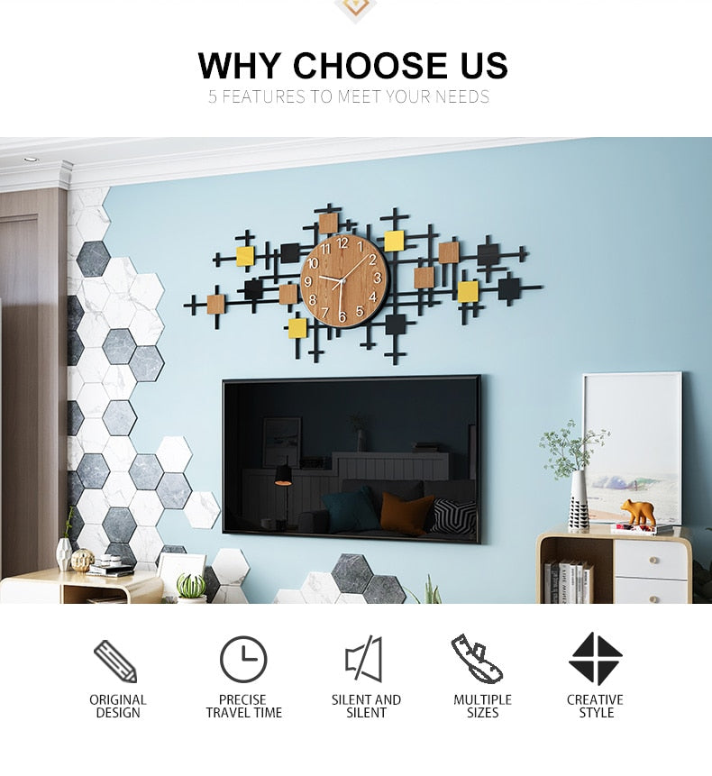 100CM Punch-free DIY Wooden Grain Silent Acrylic Large Decorative Watch Wall Clock Modern Design Living Room Decoration Stickers