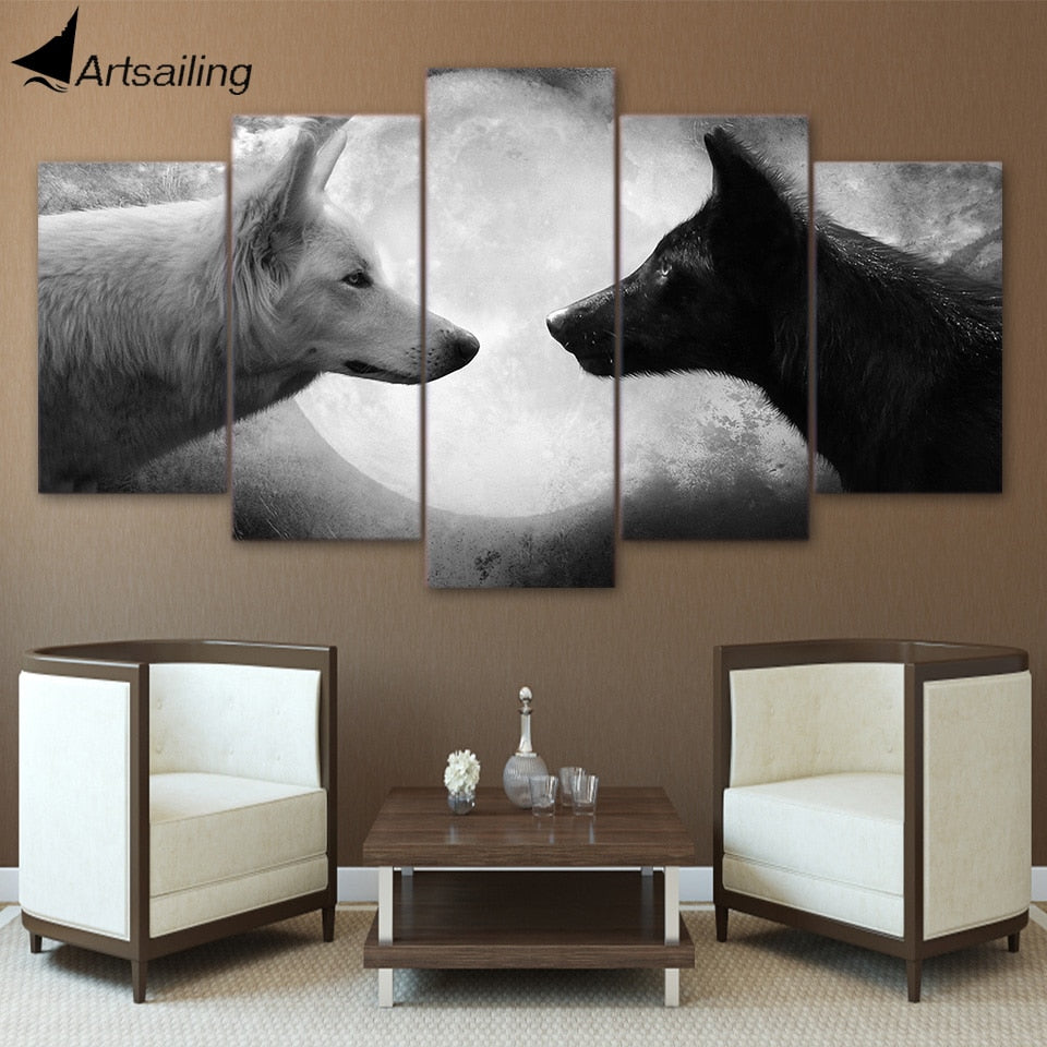 5 Piece Moon Black And White Wolves Canvas art
