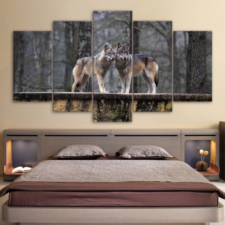 5 Pieces Canvas Art Forest Wolf  Painting