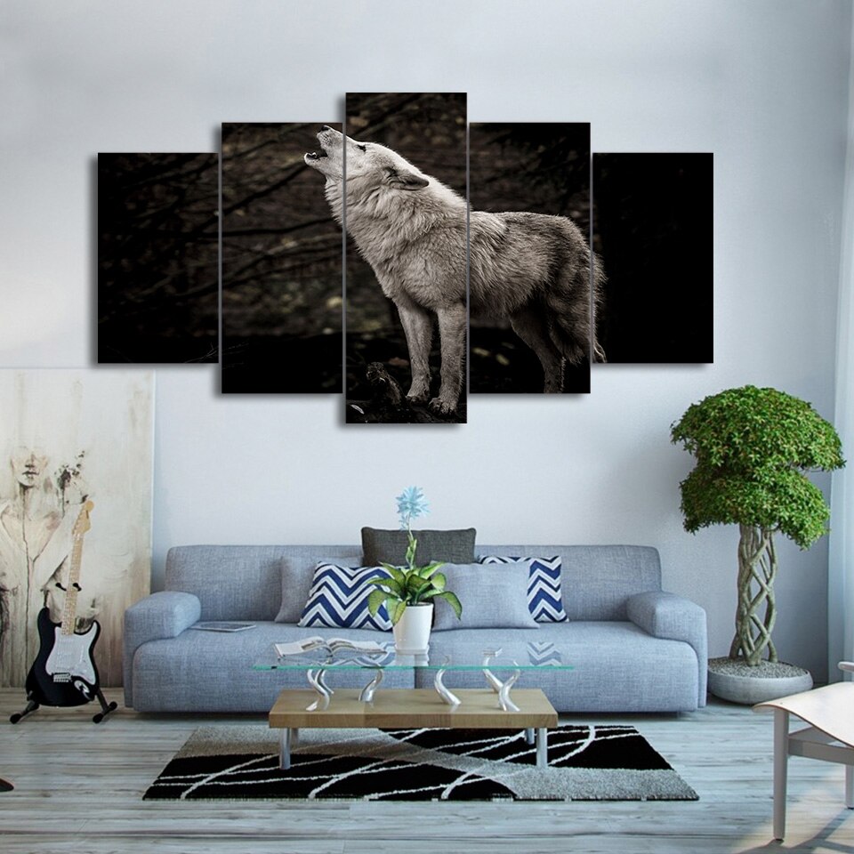 5 Panel Howling White Wolf Painting Abstract Canvas Art