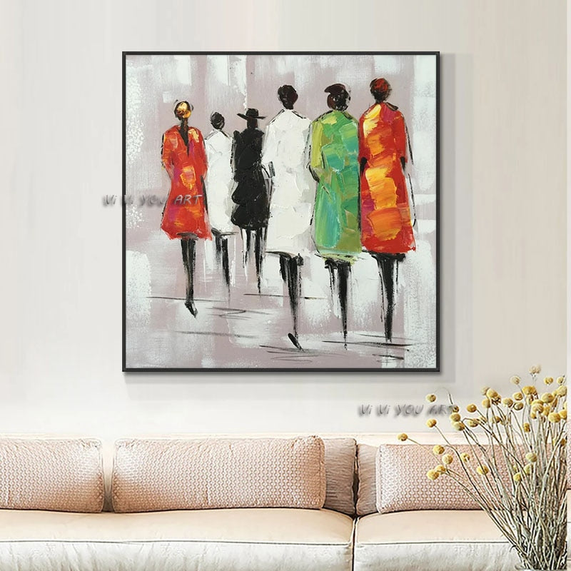 100% Handmade Painted  Painting Abstract Women Walking In The Street  Oil Painting On Canvas Classical Wall