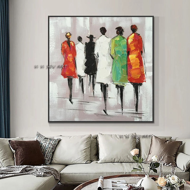 100% Handmade Painted  Painting Abstract Women Walking In The Street  Oil Painting On Canvas Classical Wall