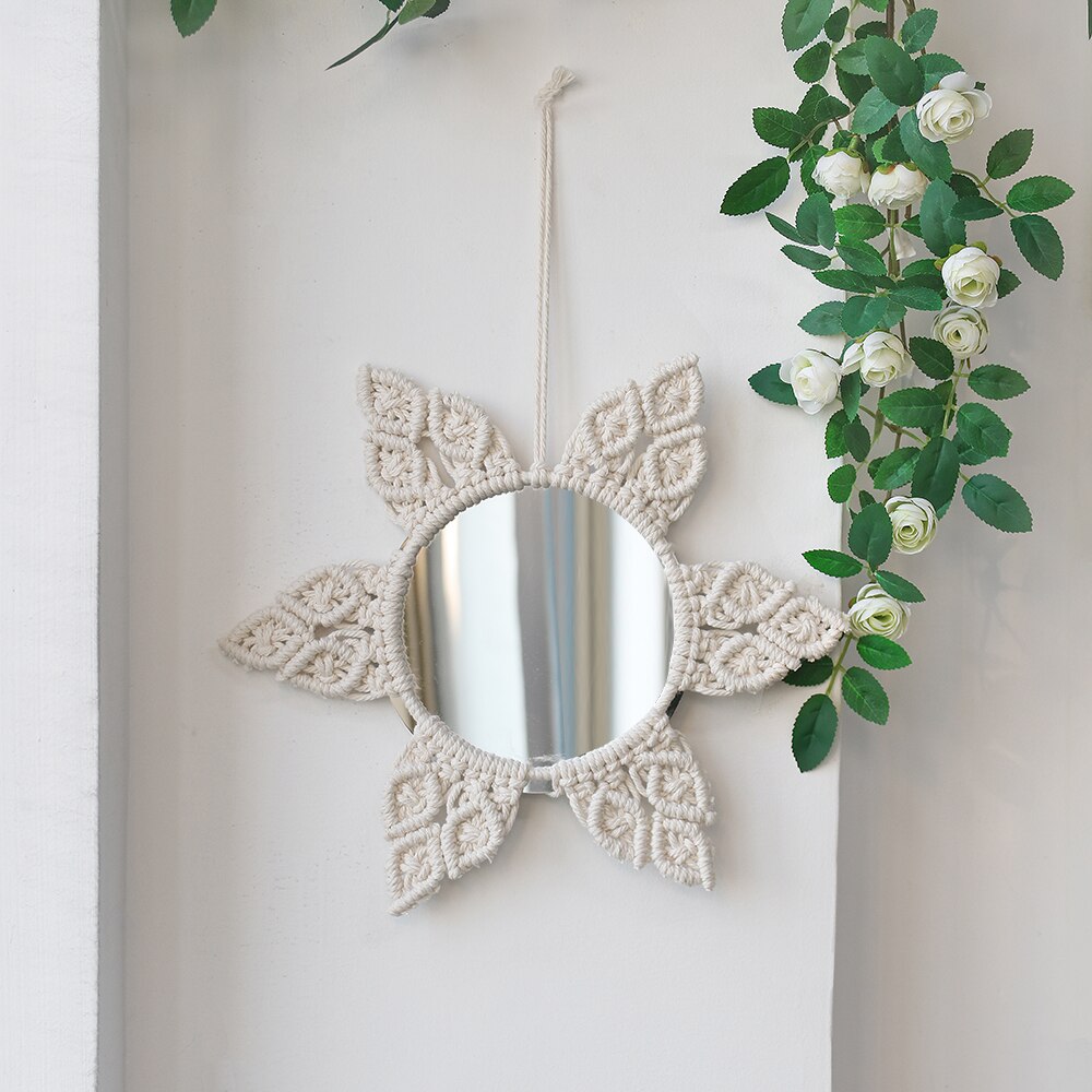 Mirror with light Wall stickers Macrame Mirror Round Boho Decorative Decor for Apartment Living Room Bedroom Baby Nursery Dorm