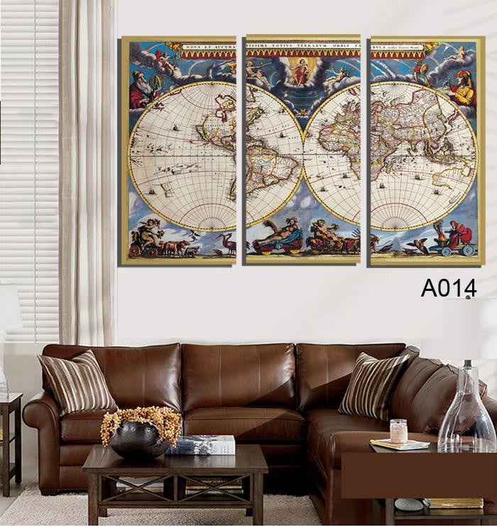 Golden World Map with Blue Sea, Large HD Canvas Print Painting Artwork, Wall Art Picture Gift for Living Room, WHOLESALE