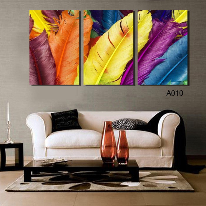 3 PANELS NEW ARRIVEL HOME DECORATION MODERN CANVAS WALL ART PRINT FRESH COLORED FEATHERS OIL PAINTING PICTURES PAINTING