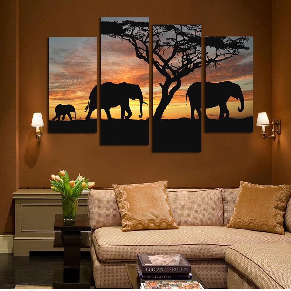4 Ppcs Sunset Elephant Painting Canvas Wall Art Picture Home Decoration Living Room Canvas Print Modern Painting--Large Canvas