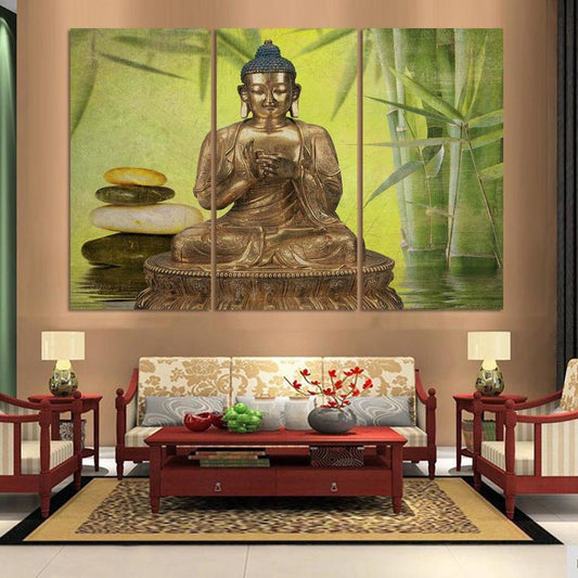 3 Panel Abstract Printed gold Buddha &Bamboo Painting Canvas Wall Art Home Decor Buda Cuadros Picture For Living Room Unframed