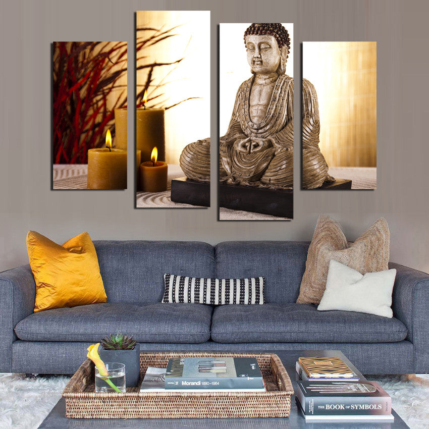 4 Panel Buddhism Buddha Canvas Painting Antique Buda and candle picture Wall Art Home decoration for living room no frame F1853