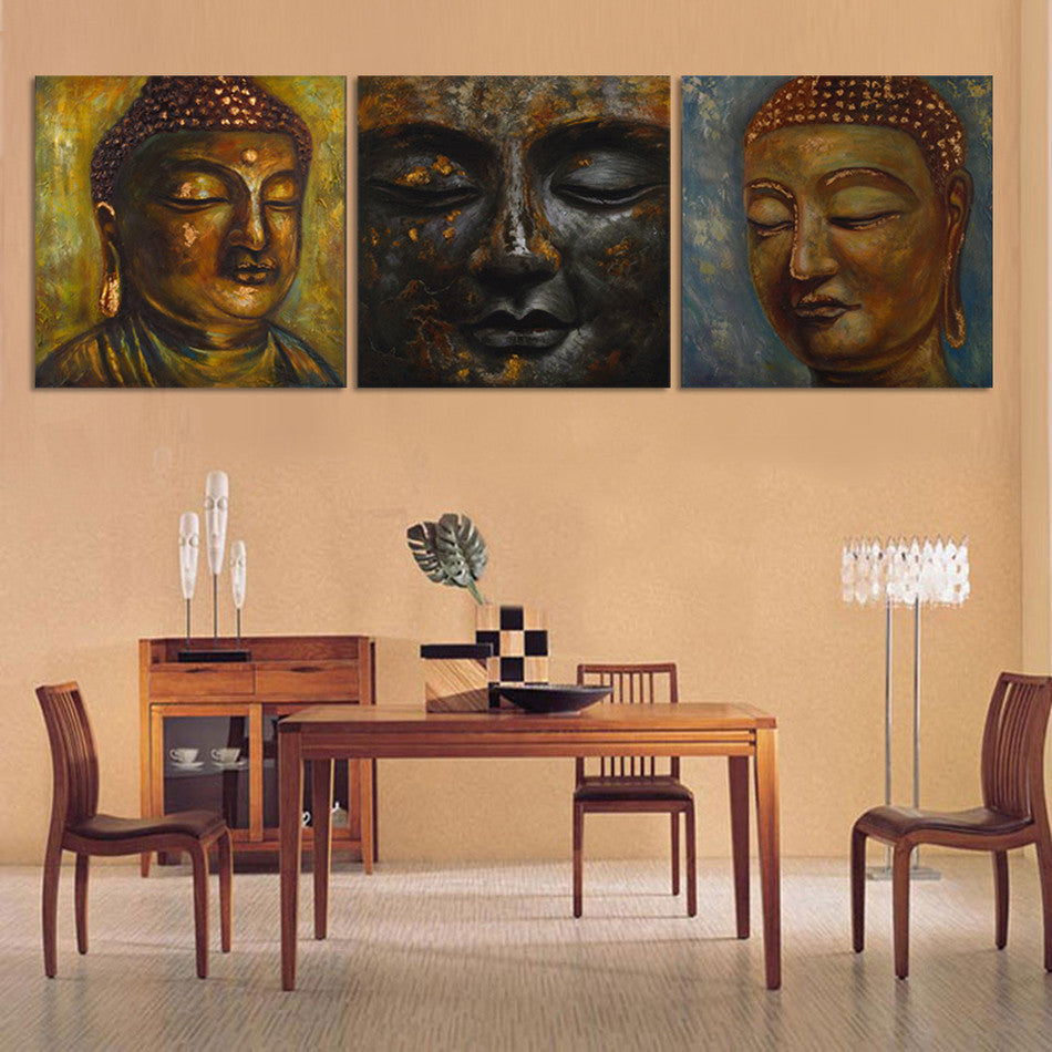 Free Shipping Group Oil Painting 3 Panel Wall Art Religion Buddha Oil Painting printed On Canvas on frame FX049