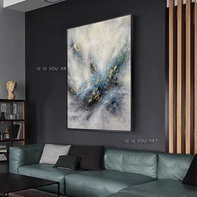 Wall painting Hand painted Blue foil Gold Oil painting Marble Texture Canvas Paintings Wall Art Living Room Interior Home Decor