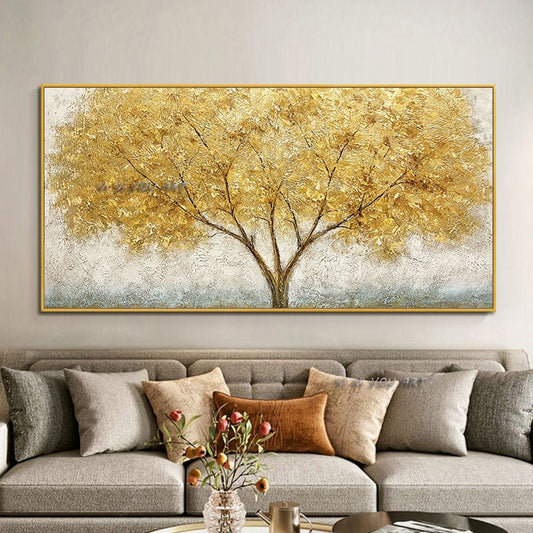 100% Handmade  Abstract Oil Painting  Large Golden Tree Canvas Wall Art   Landscape Modern Decoration Living Room
