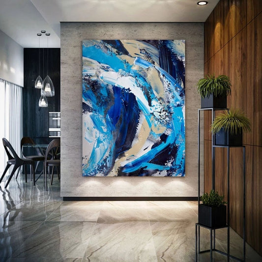 Best Art Blue and White  Abstract Oil Painting Canvas Handmade Painting Home Decor Oil Painting Artwork Living Room