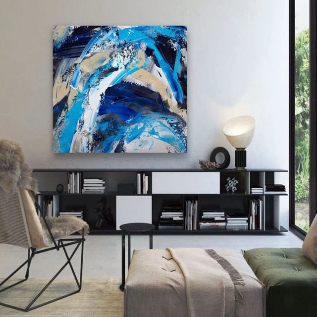 Best Art Blue and White  Abstract Oil Painting Canvas Handmade Painting Home Decor Oil Painting Artwork Living Room