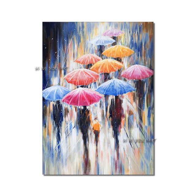 Large Abstract People Walking In The Rain With Umbrellas Painting100% Handmade Oil Painting On Canvas Modern Derorative Wall Art