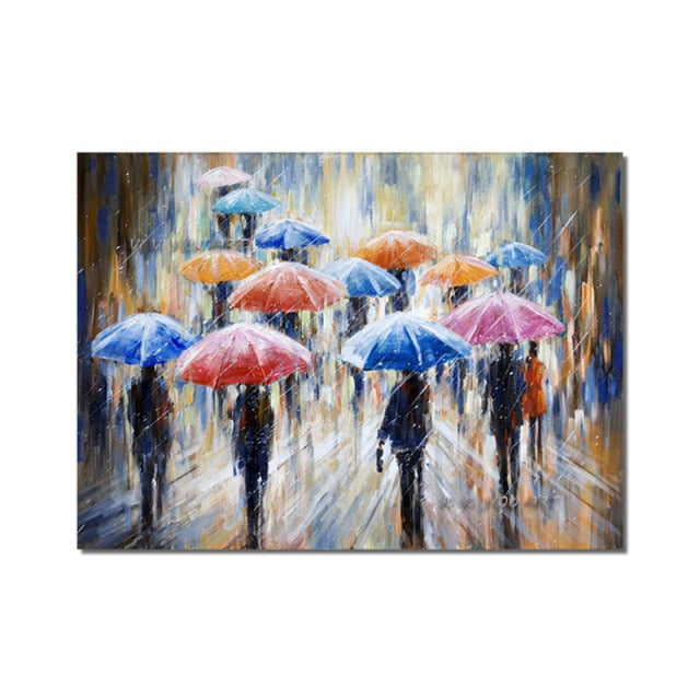 Large Abstract People Walking In The Rain With Umbrellas Painting100% Handmade Oil Painting On Canvas Modern Derorative Wall Art