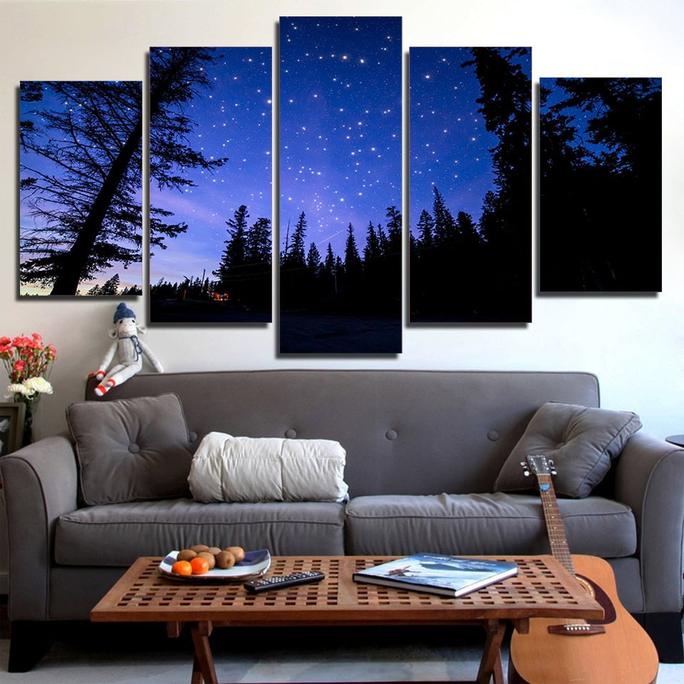 HD printed 5 Piece Canvas Art Purple Starry Sky Painting Night Forest Wall Pictures for Living Room Free Shipping NY-7375C