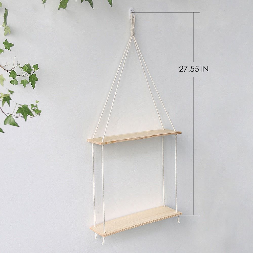 2 pcs  Macrame Hanging Wooden Shelves for Wall Plant