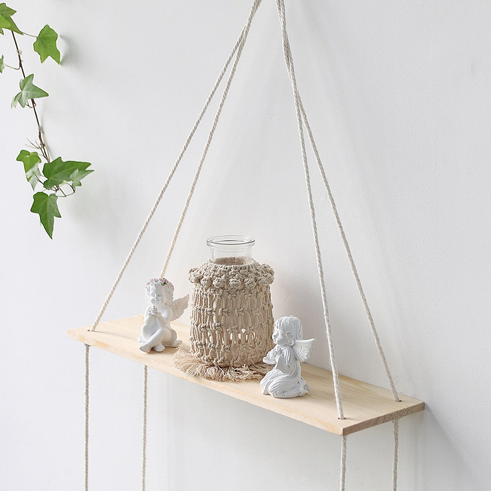 2 pcs  Macrame Hanging Wooden Shelves for Wall Plant