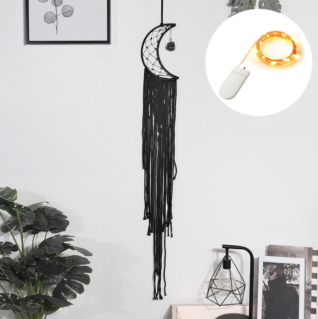 Black Dream Catcher With Light Boho Home Decor With Crystal Stone Moon Sun Dream Catchers For Bedroom Room Decoration  Gift