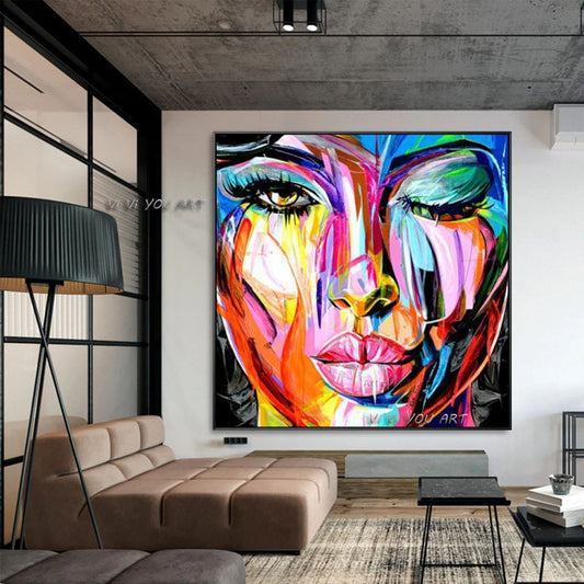 Large Home Decor Francoise Nielly Face Oil Painting Wall Art Picture Portrait Palette Knife Canvas Acrylic Texture Colourful