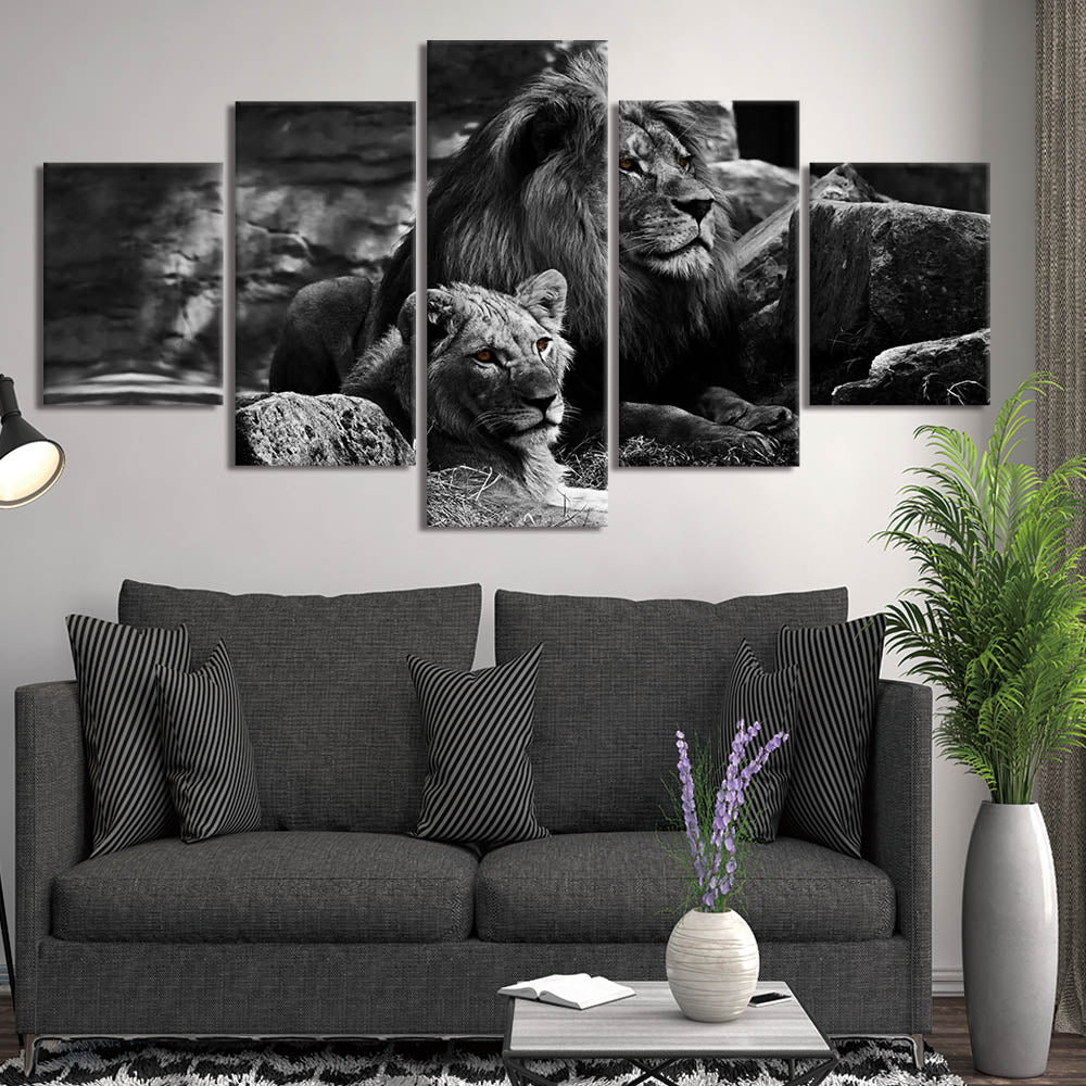 5 Piece Black Background lion Painting Modern Prints