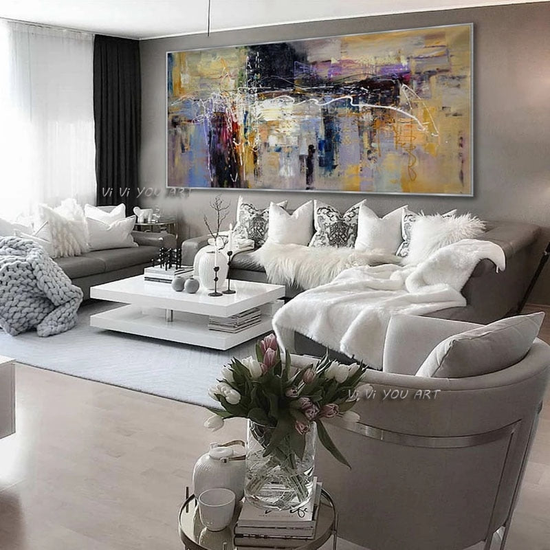 Contemporary Large Abstract Wall Art Hand Painted Oversize Painting On Canvas Panoramic Wide In Office Living Room Decoration