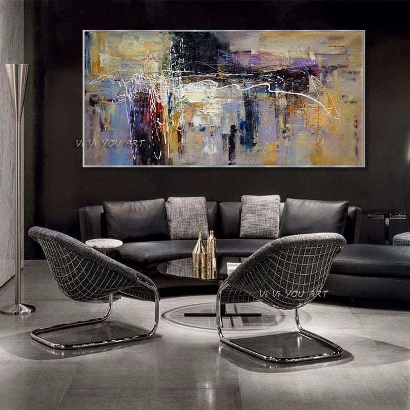 Contemporary Large Abstract Wall Art Hand Painted Oversize Painting On Canvas Panoramic Wide In Office Living Room Decoration