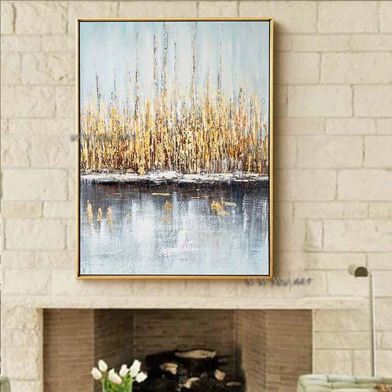 Handmade  Abstract Oil Painting Bright Color Landscape Gold Foil Minimalist Modern On Canvas Wall Art Decorative For Living Room